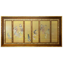 Japanese Six Panel Framed Wall Screen with Geisha Dancers