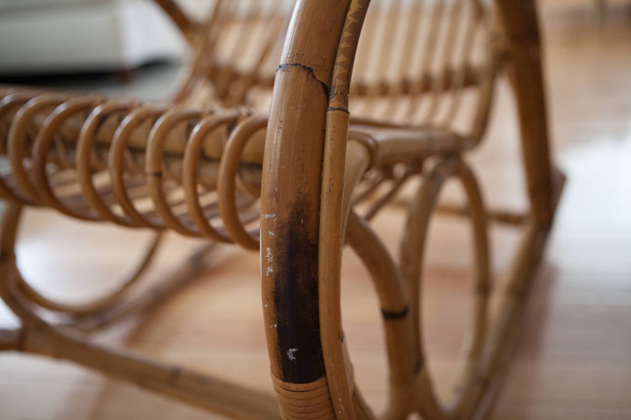 Franco Albini Style Rattan Rocking Chair In Excellent Condition In Raleigh, NC