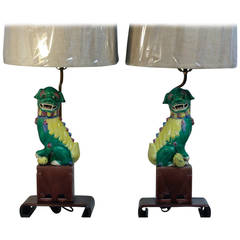 Retro Polychrome Pair of Chinese Foo Dog Table Lamps