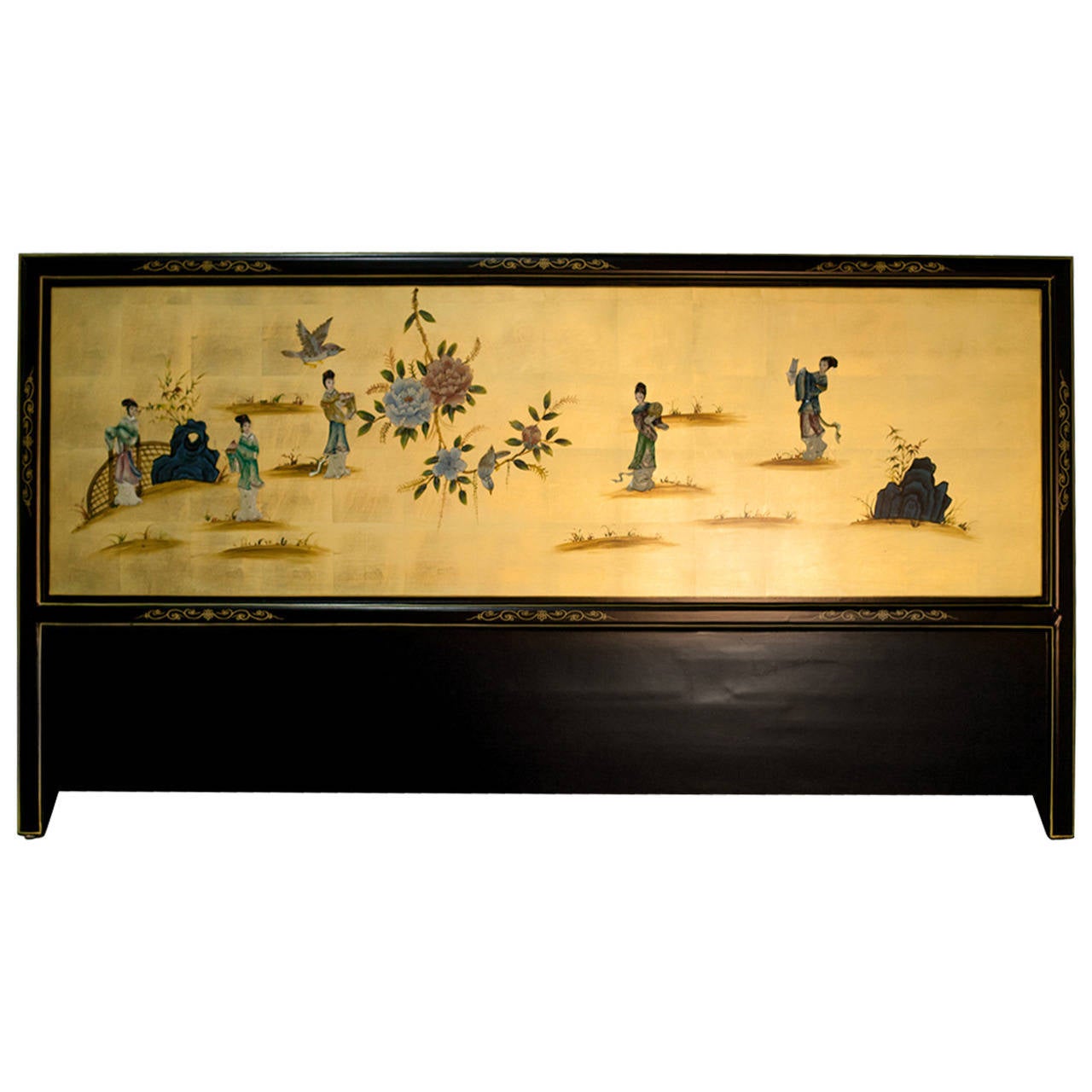 Asian Hand=Painted King Headboard with Soapstone Carving at 1stDibs