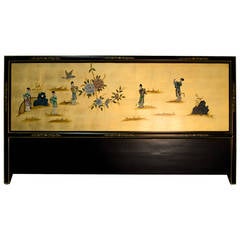 Asian Hand=Painted King Headboard with Soapstone Carving