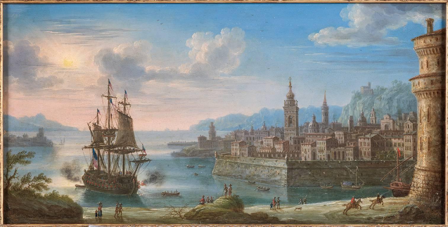 Orazio Grevenbroeck Landscape Painting – Capriccio einer befestigten Stadt an einer Felsenküste