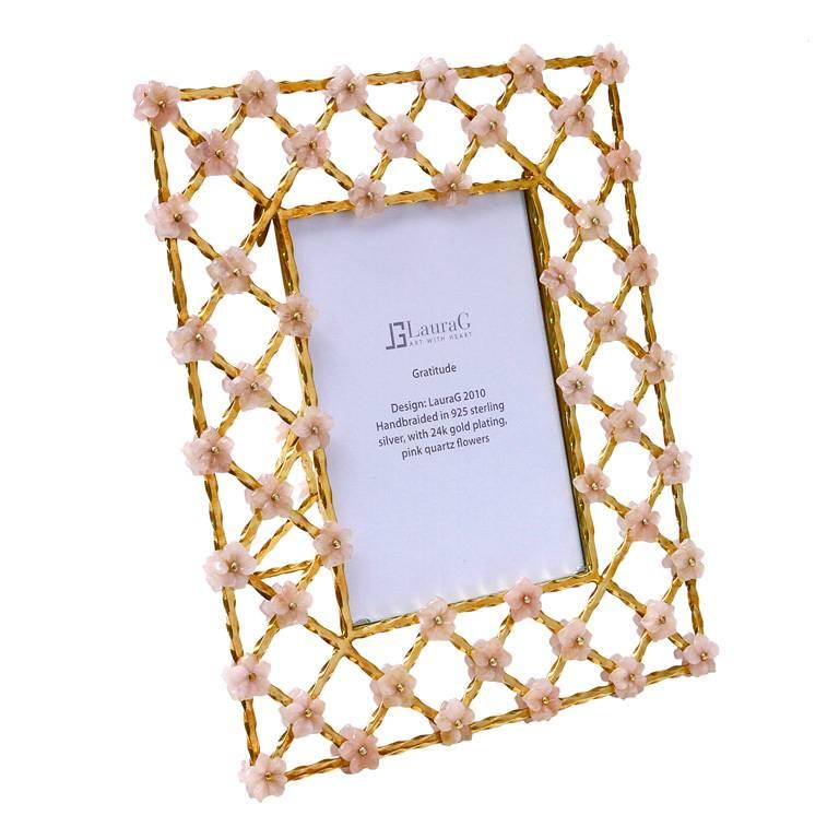 Vintage Gilt Silver Floral Picture Frame with Pink Quartz Flowers, Gratitude 