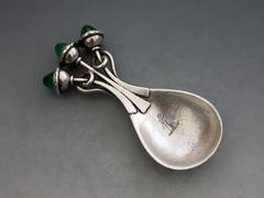 Arts & Crafts Cast Silver Caddy Spoon, Green Chrysoprase Cabochons