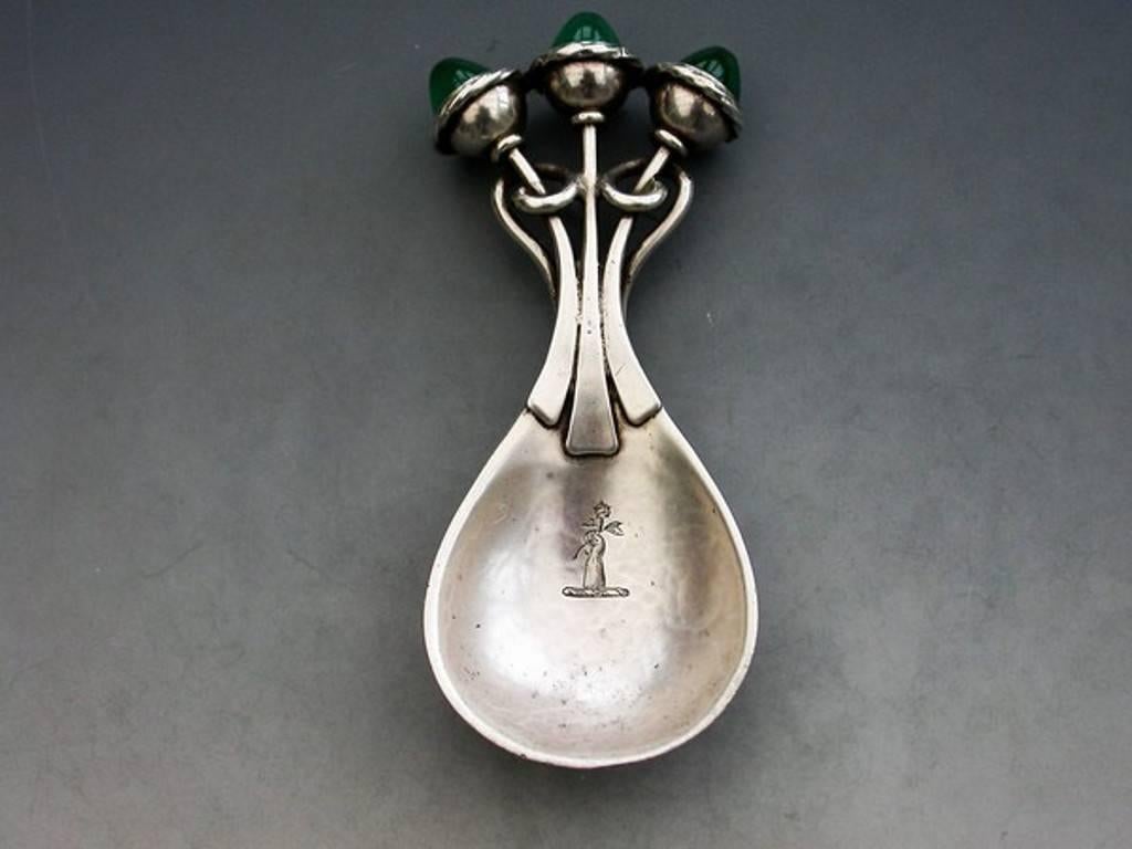 English Arts & Crafts Cast Silver Caddy Spoon, Green Chrysoprase Cabochons