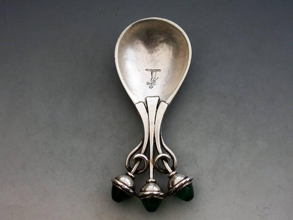 Arts & Crafts Cast Silver Caddy Spoon, Green Chrysoprase Cabochons In Excellent Condition In Sittingbourne, Kent