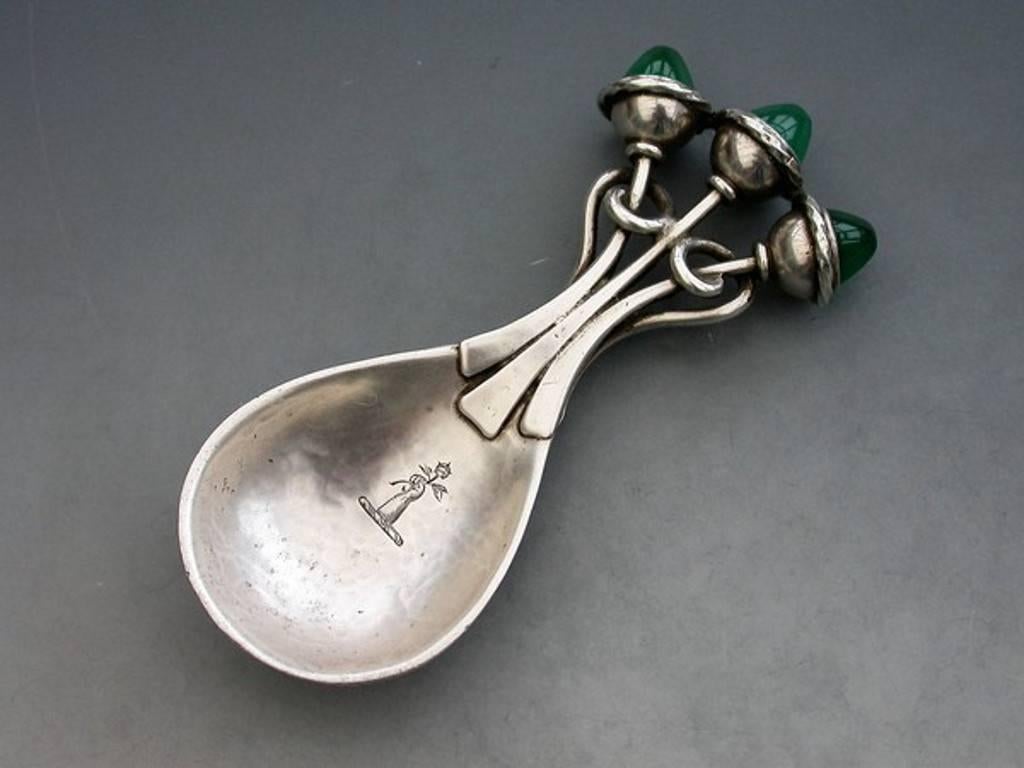 Mid-20th Century Arts & Crafts Cast Silver Caddy Spoon, Green Chrysoprase Cabochons