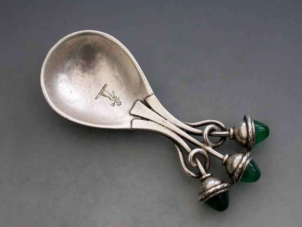 Arts & Crafts Cast Silver Caddy Spoon, Green Chrysoprase Cabochons 2