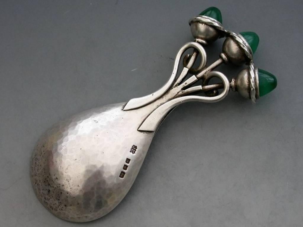 Arts & Crafts Cast Silver Caddy Spoon, Green Chrysoprase Cabochons 3