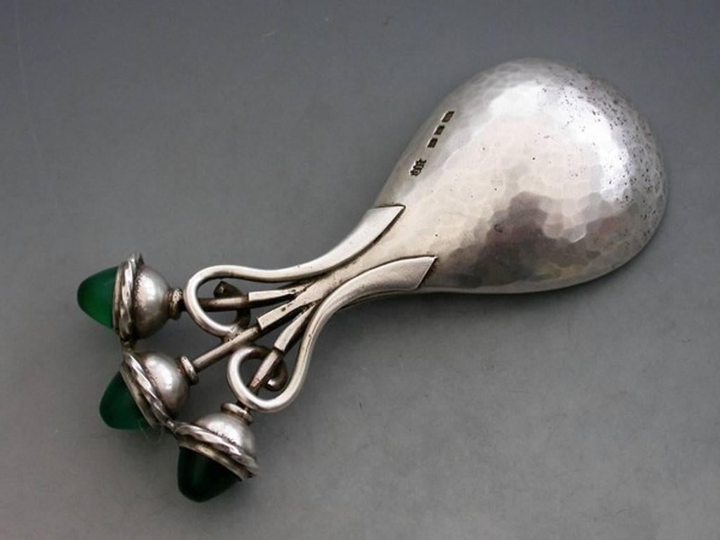 Arts & Crafts Cast Silver Caddy Spoon, Green Chrysoprase Cabochons 4