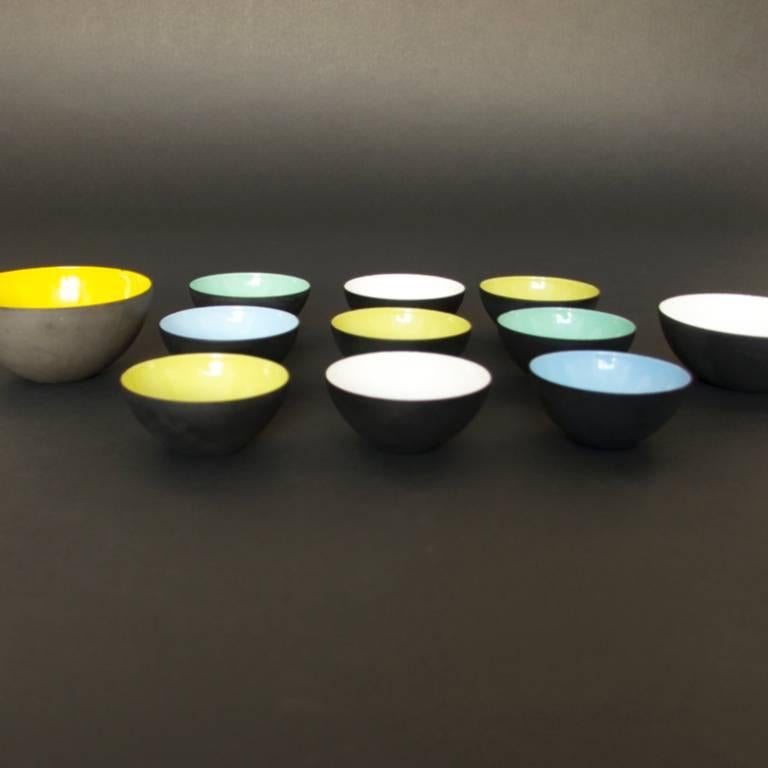 Set of 11 bowls from the Krenit range. Designed by Herbert Krenchel in 1953. He won won the Gold medal at the 1954 Milan triennale for the design. The set consists of 11 bowls in various sizes. 
All bowls are in excellent condition, the  enamel