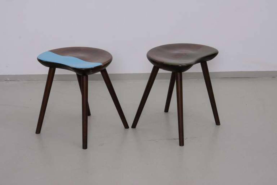 Nice pair of stools by German artist Markus Friedrich Staab in blue and green top with a thick clear coat lacquer on top. Signed!!