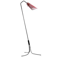 French Wire Floor Lamp with Red Perforated Metal Shade, 1950s