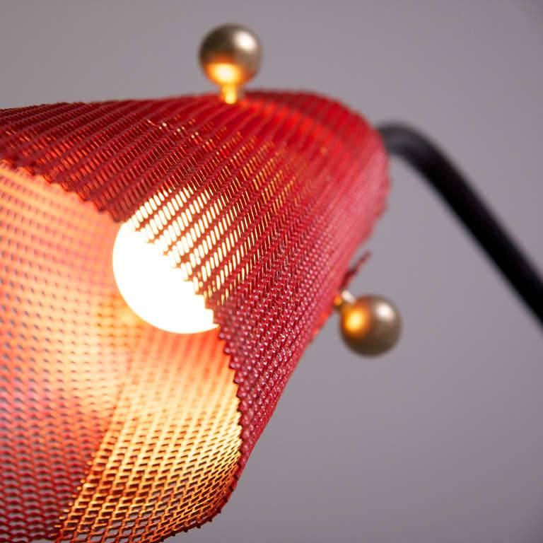 Mid-Century Modern French Wire Floor Lamp with Red Perforated Metal Shade, 1950s