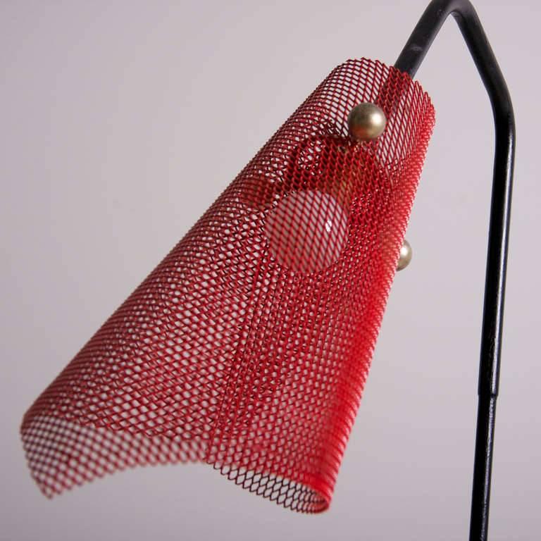 Brass French Wire Floor Lamp with Red Perforated Metal Shade, 1950s