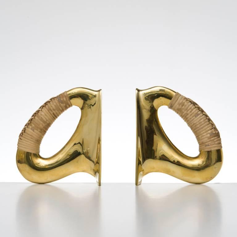 Austrian Pair of Carl Auböck Bookends in Polished Brass and Coiled with Cane