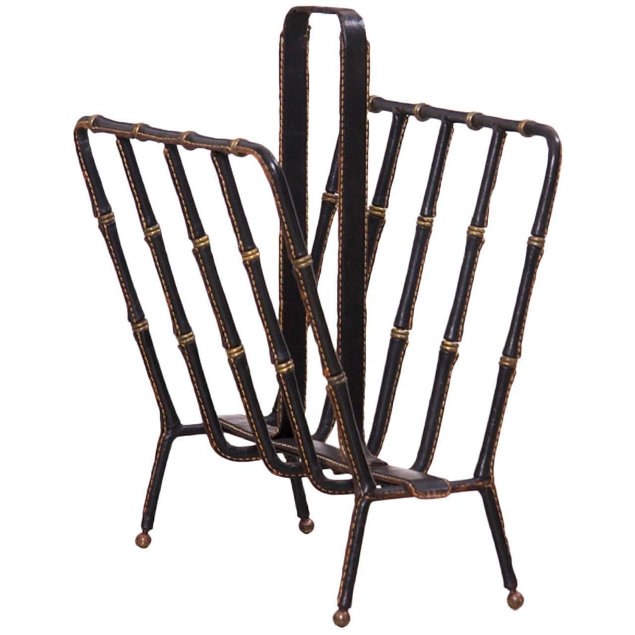 Jacques Adnet Iron and Leather Magazine Rack