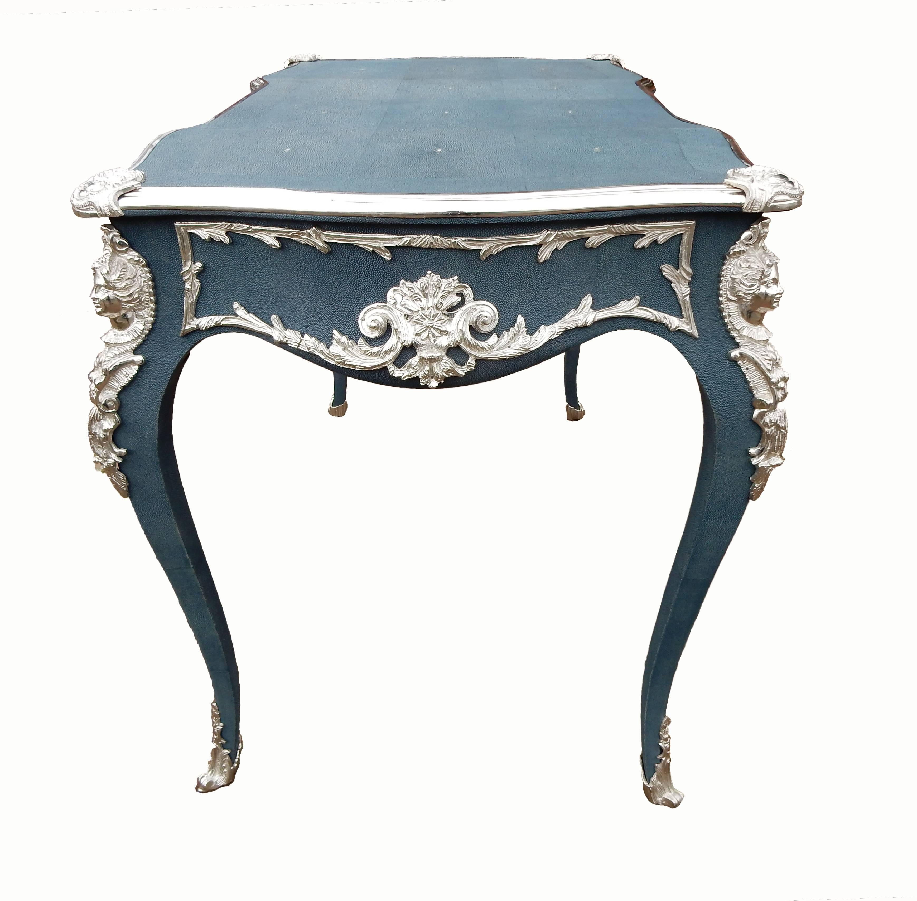 Louis XV Style Shagreen and Nickel Plated Bureau Plat 2
