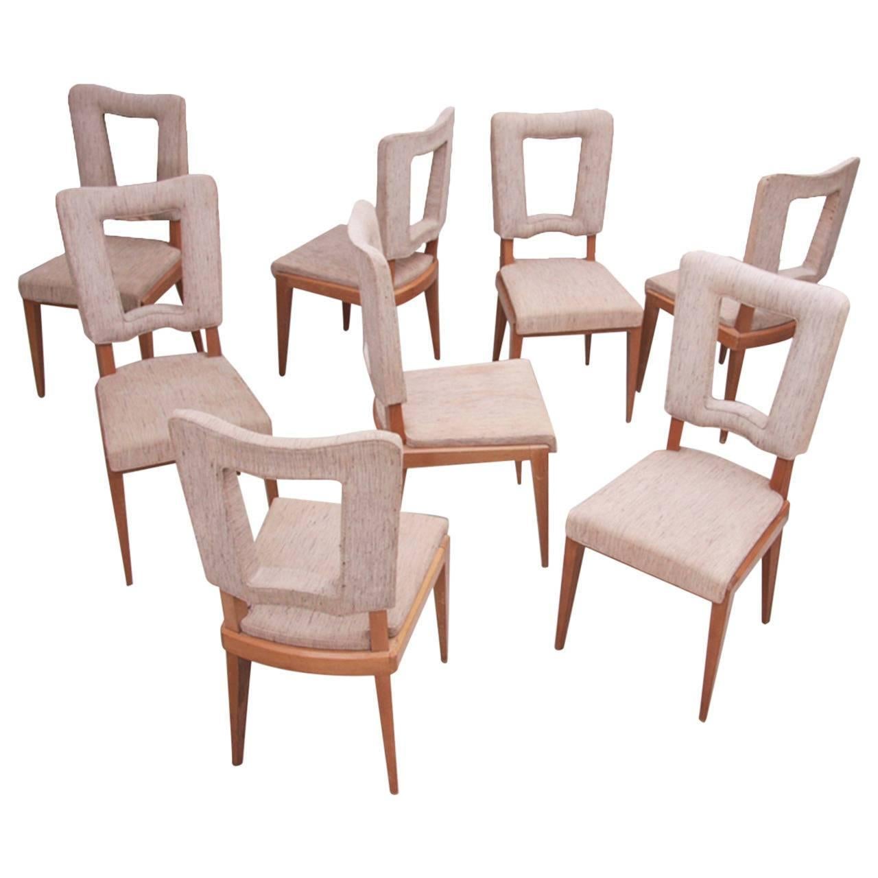Set of Eight French Art Deco Solid Oak Dining Chairs