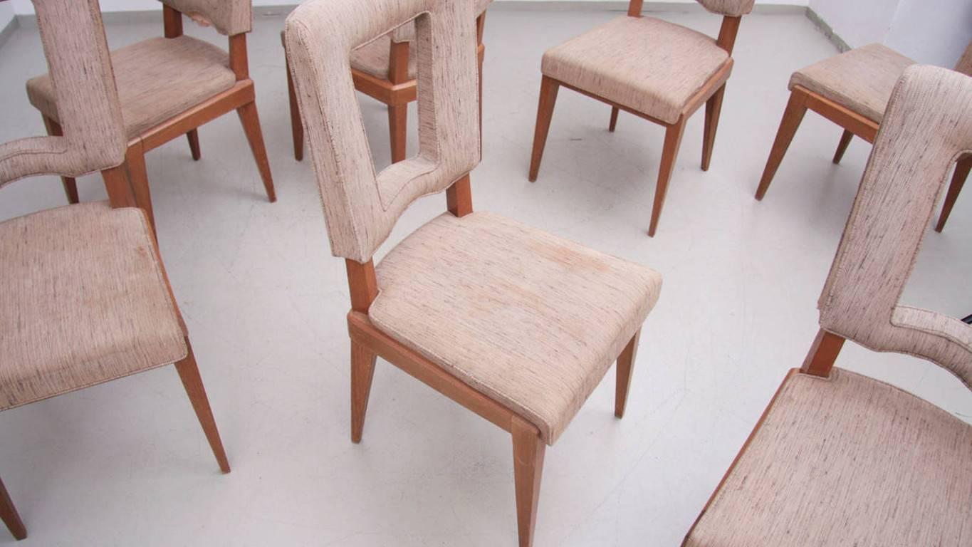 Fabric Set of Eight French Art Deco Solid Oak Dining Chairs