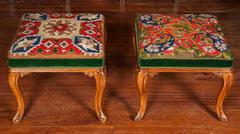 Pair of Walnut Stools, 19th Century, with Berlin Needlework Covers, Circa 1862