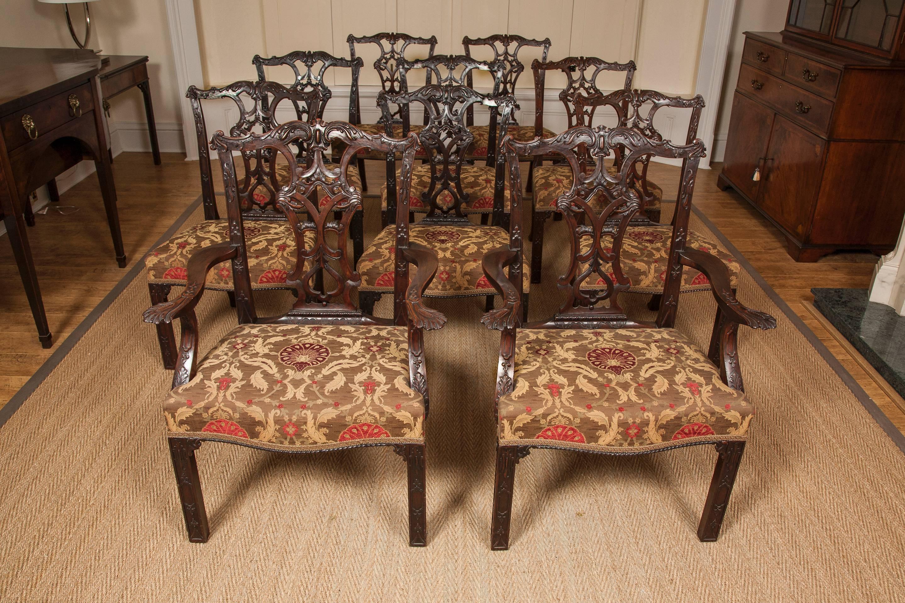 This superb set of chairs in the Chippendale manner with carved and pierced splat backs, serpentine front seat rails, blind fret moulded front legs and splay back legs. The two carvers with wonderful carved outswept arms and supports.
Of exceptional