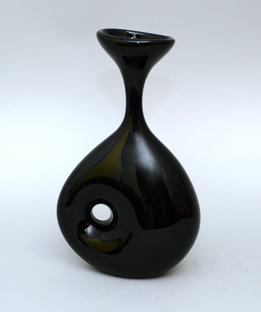 Unique, hand blown,asymmetrical  vase in black glass, with hole through body, 1955.