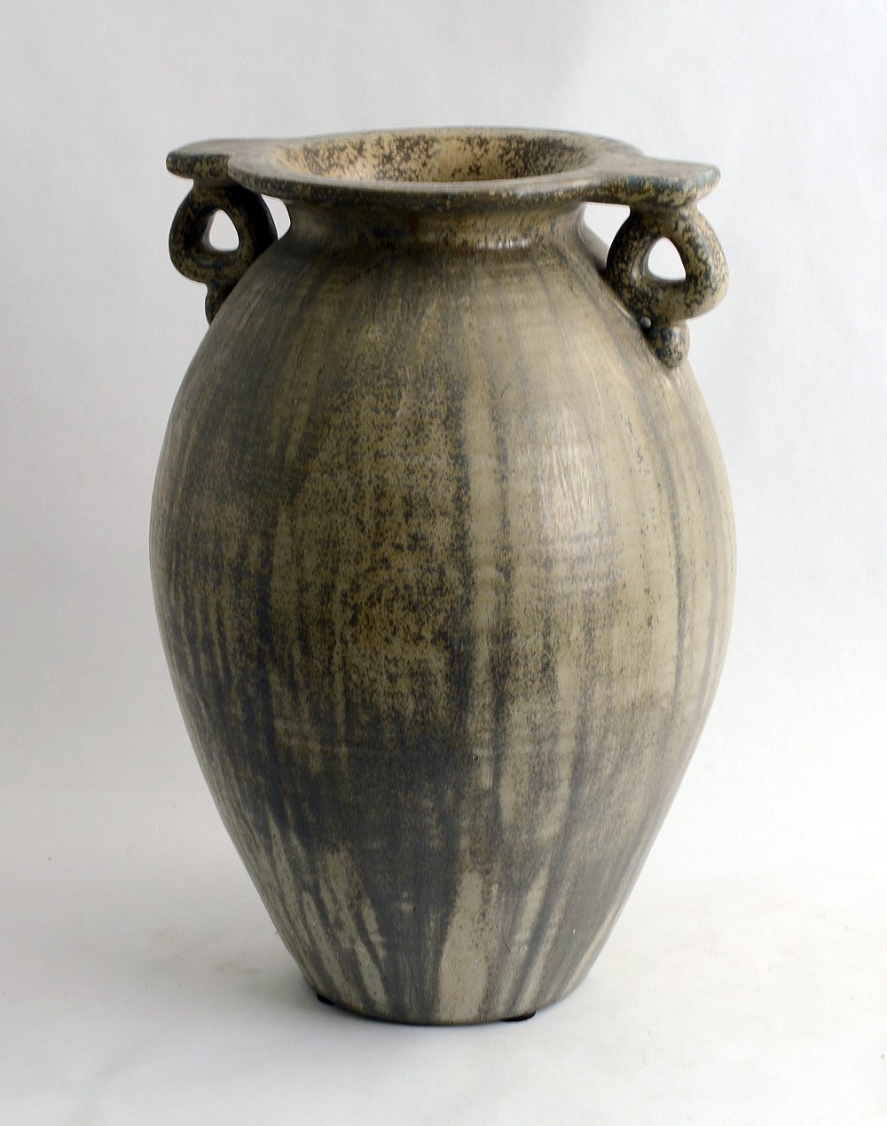 Monumental stoneware urn or floor vase with streaky grey matte crystalline glaze.