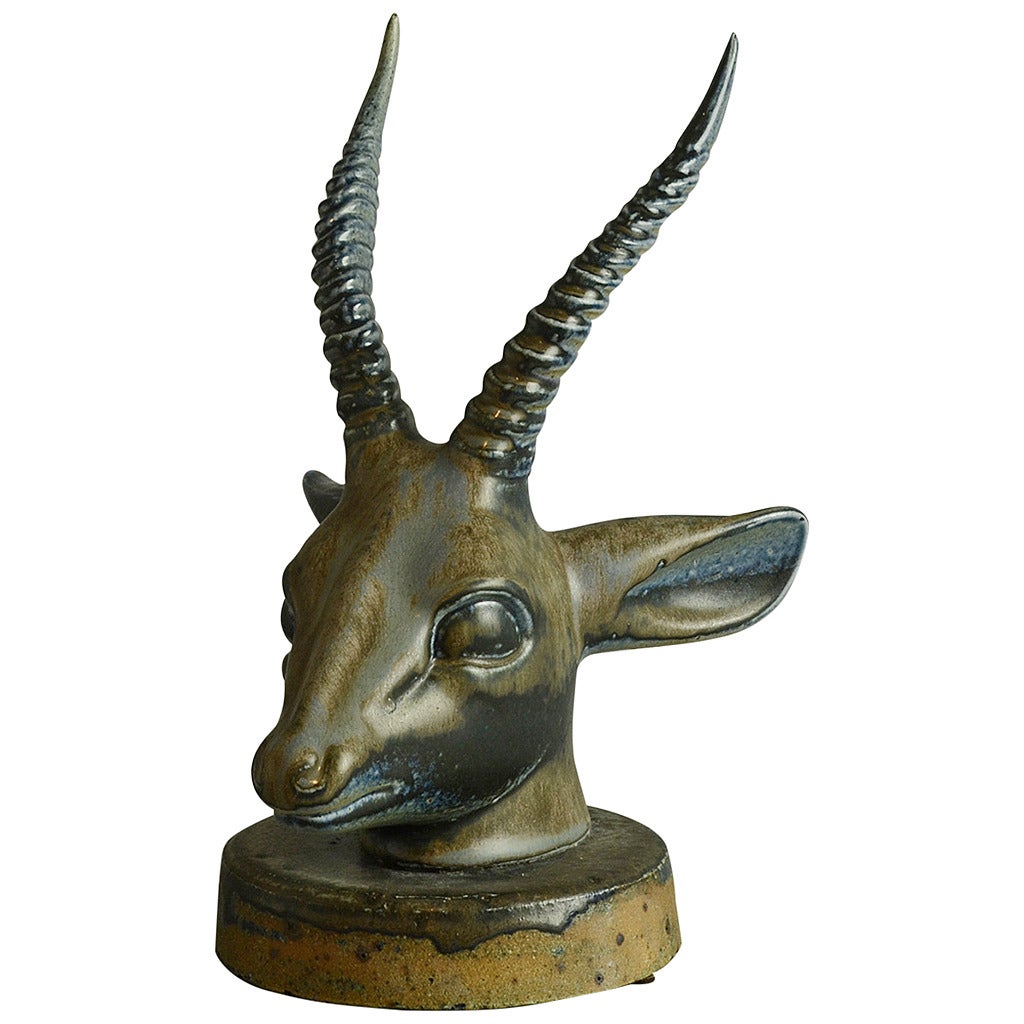 Axel Salto for Saxbo, Antelope Head Sculpture with Blue Glaze For Sale