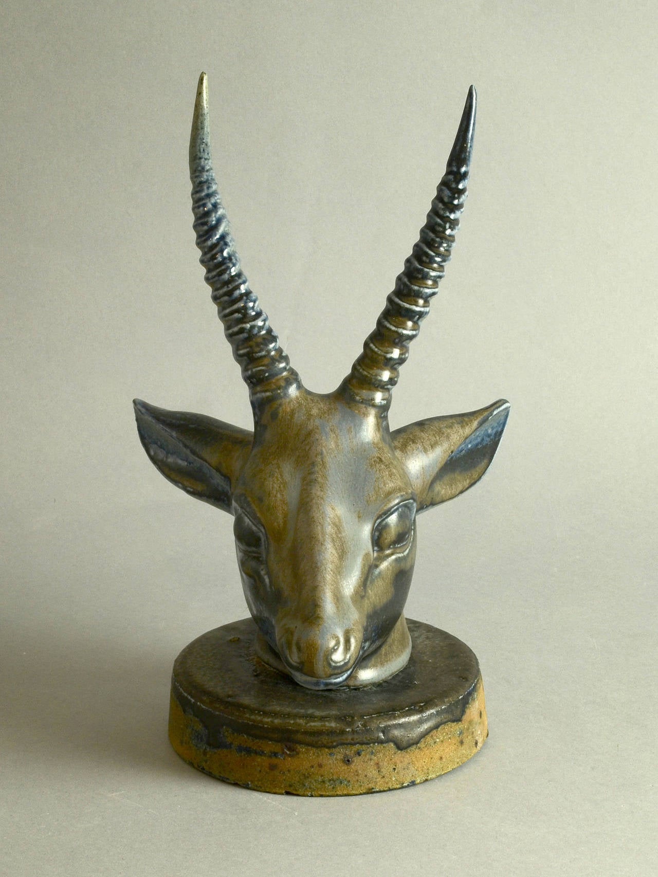 Glazed Axel Salto for Saxbo, Antelope Head Sculpture with Blue Glaze For Sale