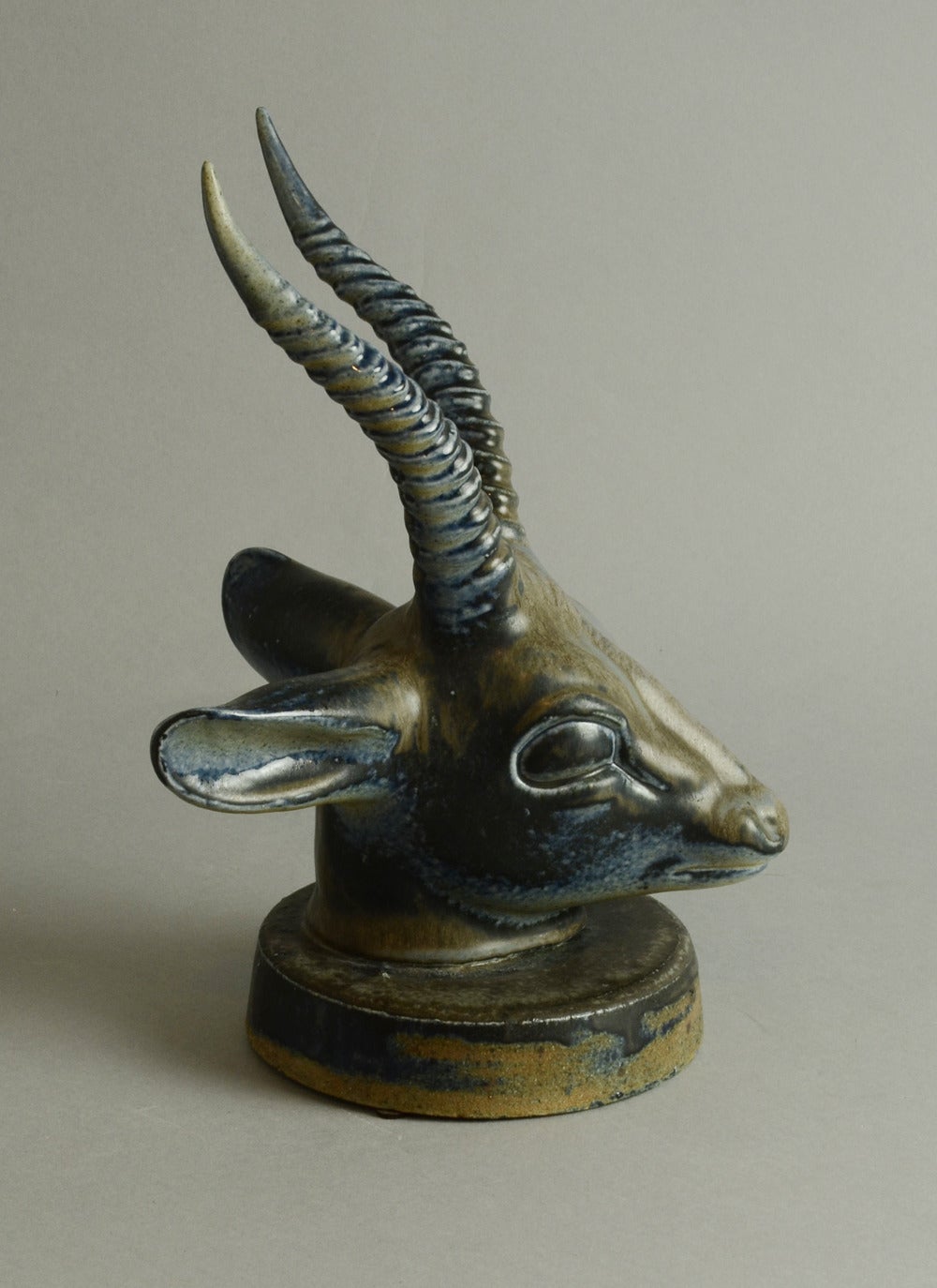 Arts and Crafts Axel Salto for Saxbo, Antelope Head Sculpture with Blue Glaze For Sale