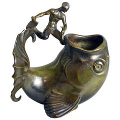 Just Andersen Bronze Vessel in the Form of a Fish and a Merman, 1930s, Denmark