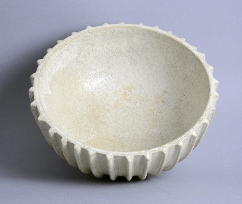 Danish Arne Bang Stoneware Ribbed Bowl with White Glaze