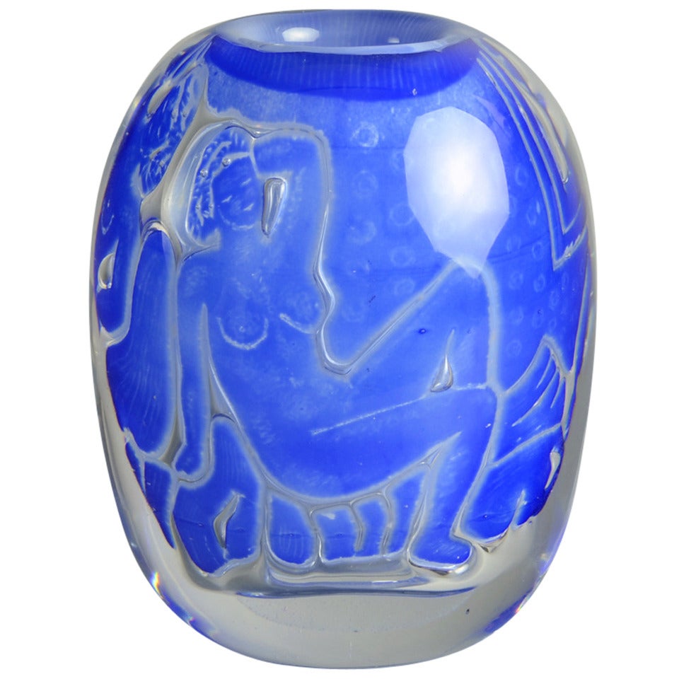 Edvin Ohrstrom for Orrefors, Ariel Vase In Blue and Clear Glass For Sale