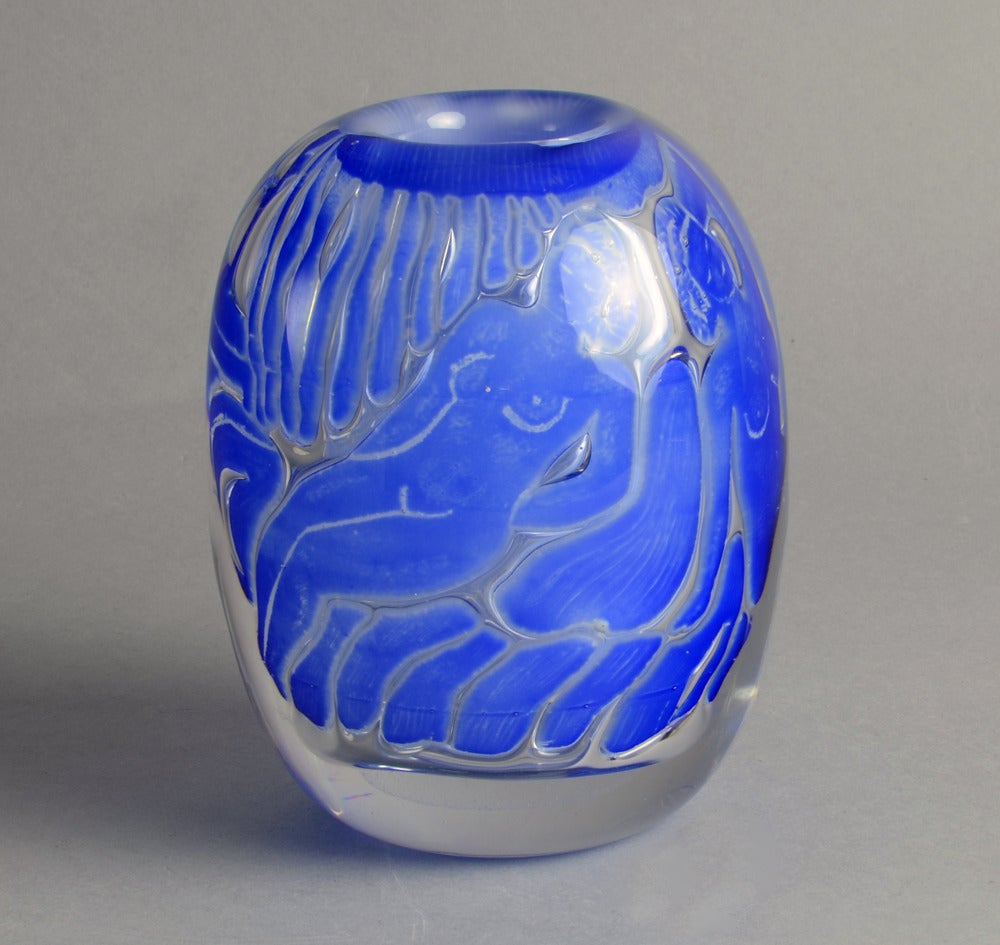 Art Deco Edvin Ohrstrom for Orrefors, Ariel Vase In Blue and Clear Glass For Sale
