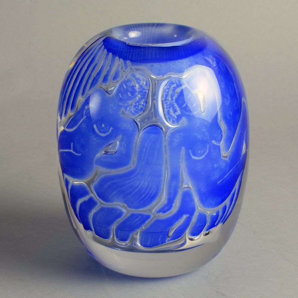 Mid-20th Century Edvin Ohrstrom for Orrefors, Ariel Vase In Blue and Clear Glass For Sale