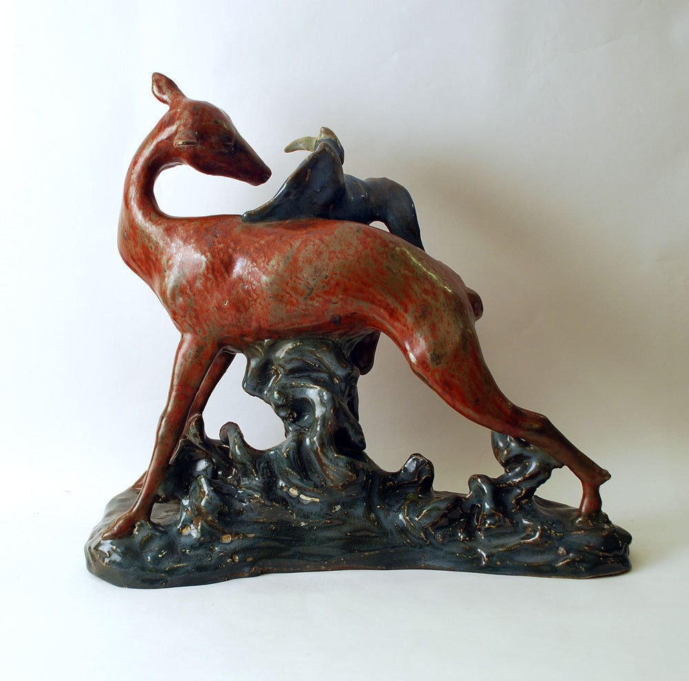 Jean Rene Gauguin Stoneware Sculpture of Deer and Bird, Bing and Grondahl