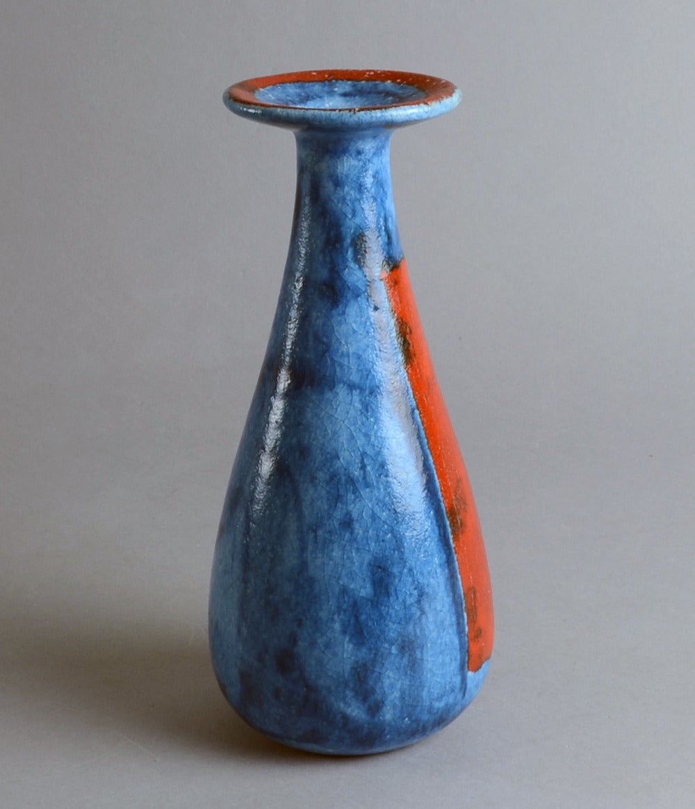 Unique earthenware vase with semi-gloss red and Egyptian blue glaze, 1950s.