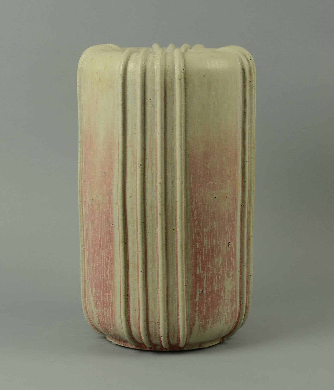 Monumental stoneware vase with matte cream and pink glaze, 1930s-40s.