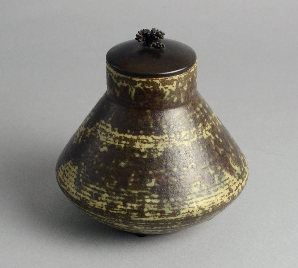 Danish Stoneware Jar with Bronze Lid by Carl Halier, 1930 For Sale