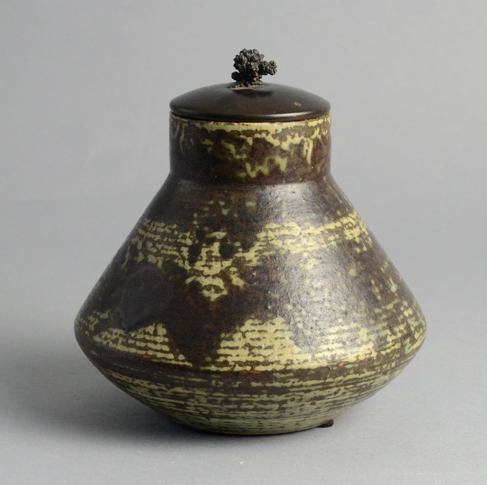 Glazed Stoneware Jar with Bronze Lid by Carl Halier, 1930 For Sale