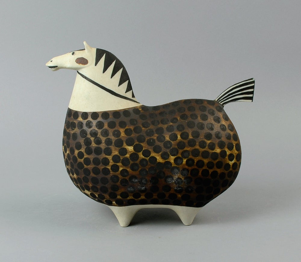 Stoneware horse with hand-painted decoration in brown black and white matte glaze, 1950s-1960s.
This is for large size horse only, smaller horse (pictured here for scale) listed separately.