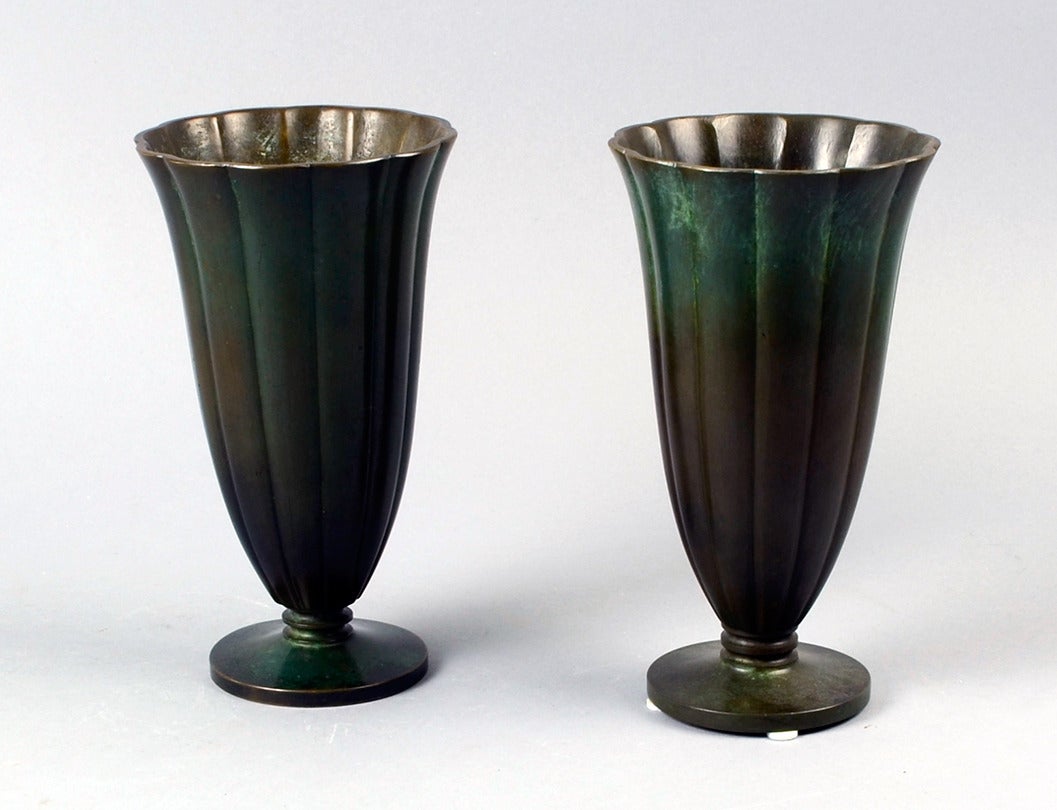 Pair of Fluted Vases in Bronze, Designed by Just Andersen for GAB