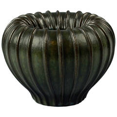Ribbed Vase with Dark Brown Glaze by Arne Bang