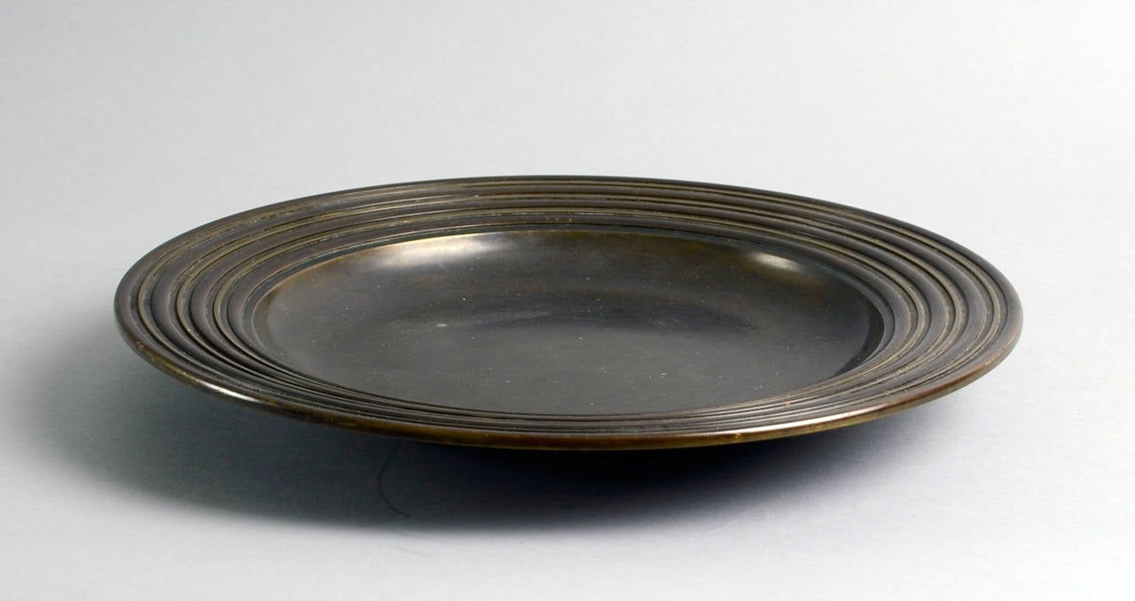 Patinated Bronze Dish with Ribbed Rim by Just Andersen