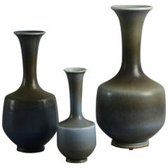 Three Vases with Blue Haresfur Glaze by Berndt Friberg for Gustavsberg