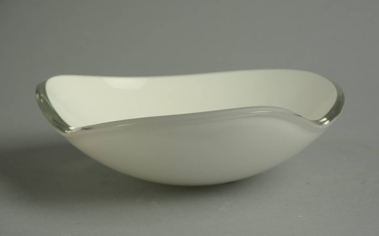 Asymmetrical bowl in clear and white glass, 1940s