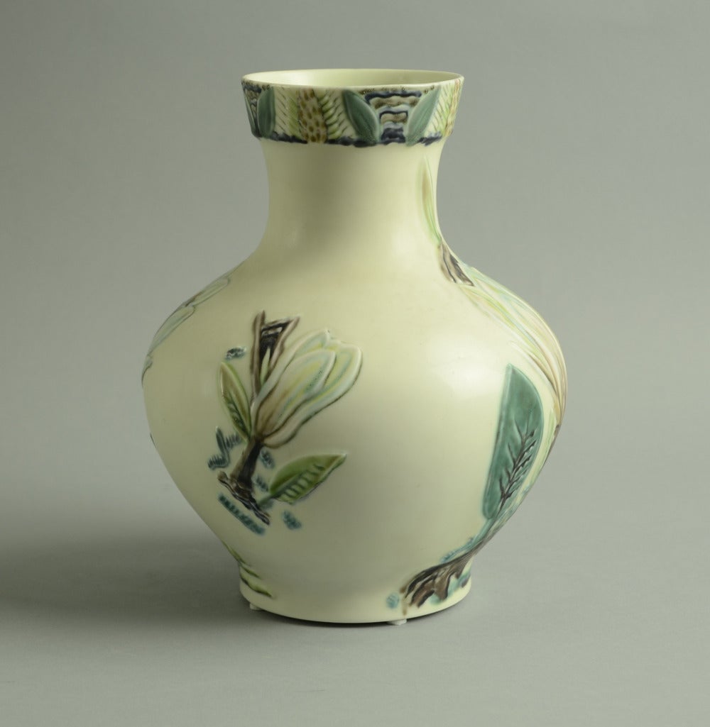 Art Nouveau Porcelain Vase with Magnolia Relief by Cathinka Olsen for Bing and Grondahl For Sale
