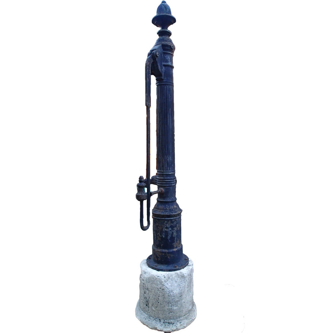 The beautiful Cast Iron Village water pump from France sits on a 19th C. Limestone Pedestal. A unique piece that is difficult to come across in this size.
The total Height of this water pump with the pedestal is 110.25
