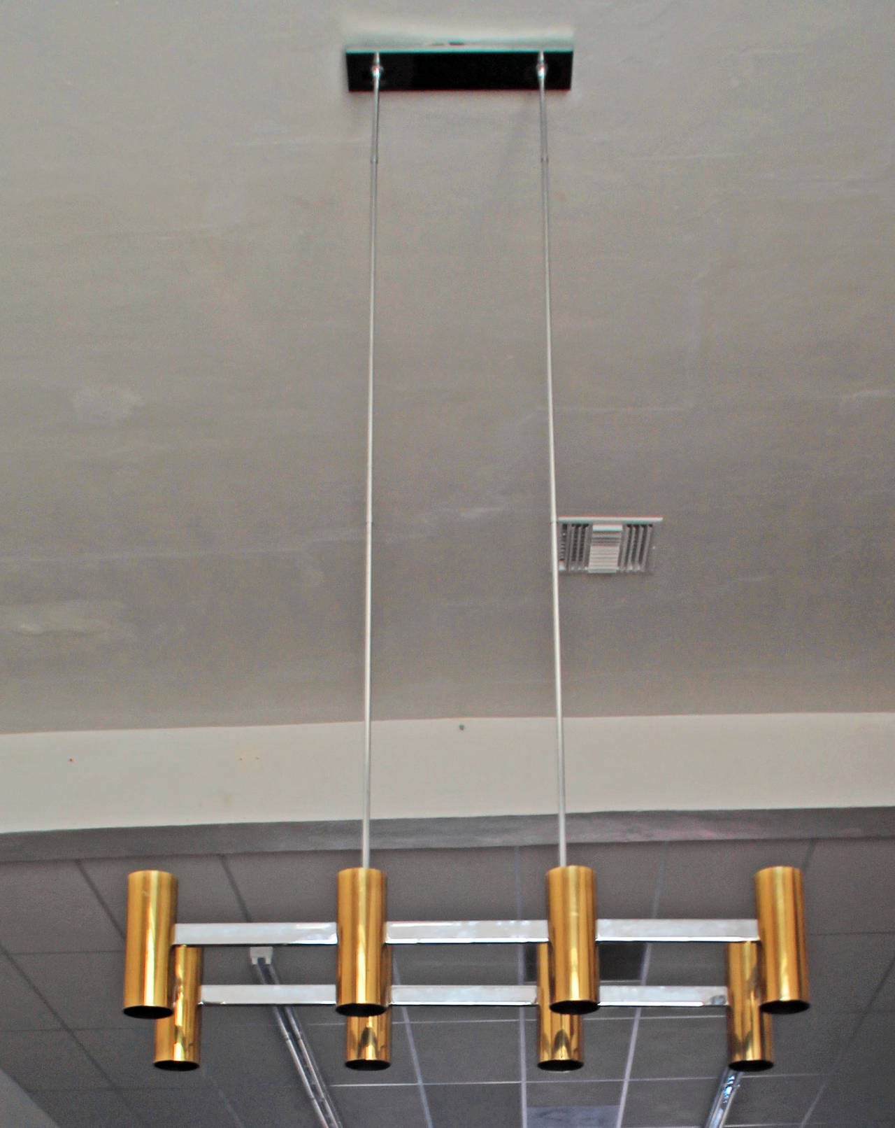 Large Mid-Century Modern Brass and Chrome Chandelier In Excellent Condition In Culver City, CA